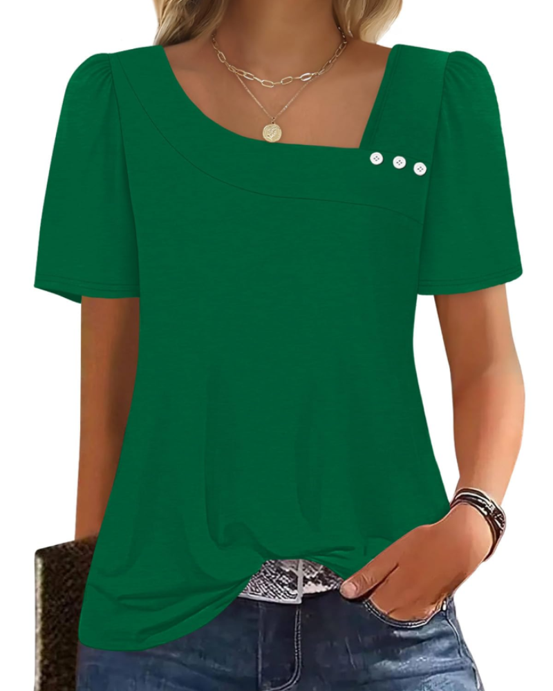 Emina Damen Top – Knopfleiste am quadratischen Ausschnitt, kurze Puffärmel & eleganter Casual-Stil