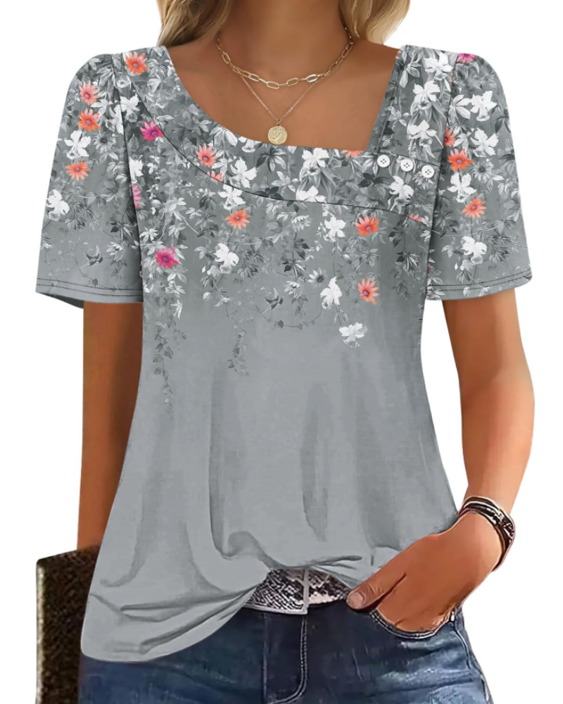 Emina Damen Top – Knopfleiste am quadratischen Ausschnitt, kurze Puffärmel & eleganter Casual-Stil
