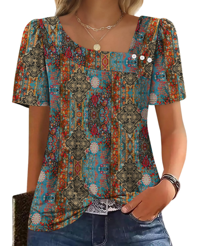 Emina Damen Top – Knopfleiste am quadratischen Ausschnitt, kurze Puffärmel & eleganter Casual-Stil