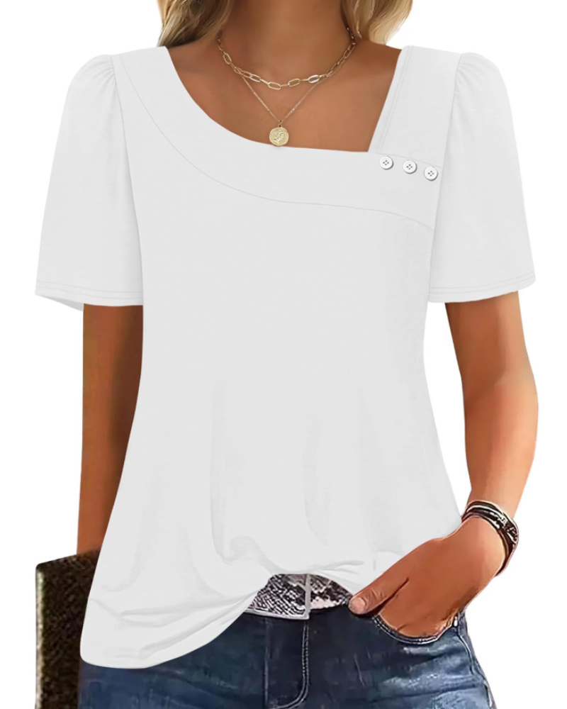 Emina Damen Top – Knopfleiste am quadratischen Ausschnitt, kurze Puffärmel & eleganter Casual-Stil