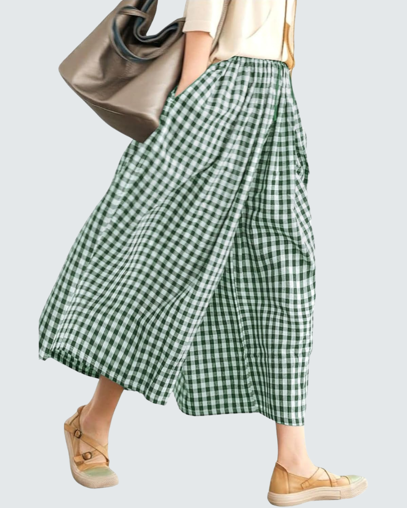 Emma Pantalon Capri Femme en Coton – Pantalon Léger Taille Élastique à Carreaux