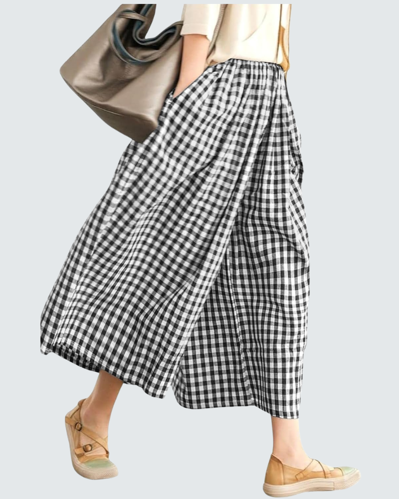 Emma Pantalon Capri Femme en Coton – Pantalon Léger Taille Élastique à Carreaux