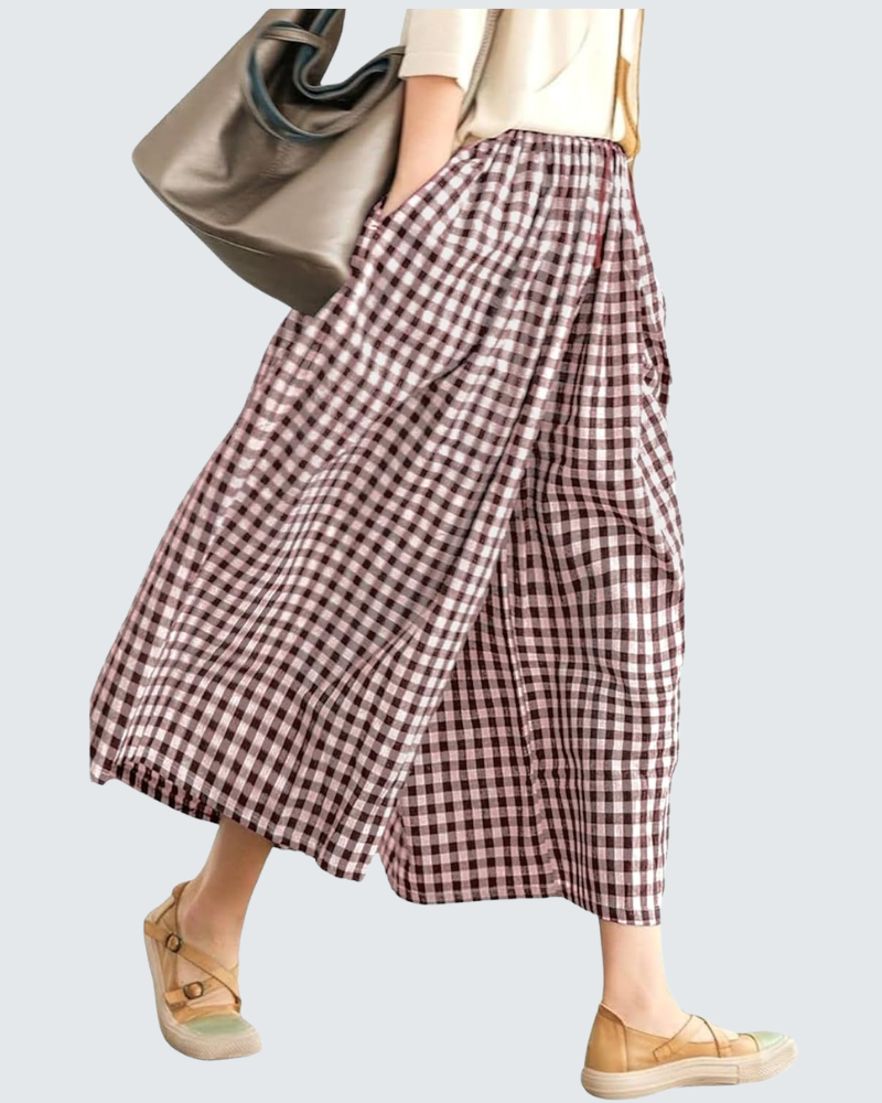 Emma Pantalon Capri Femme en Coton – Pantalon Léger Taille Élastique à Carreaux