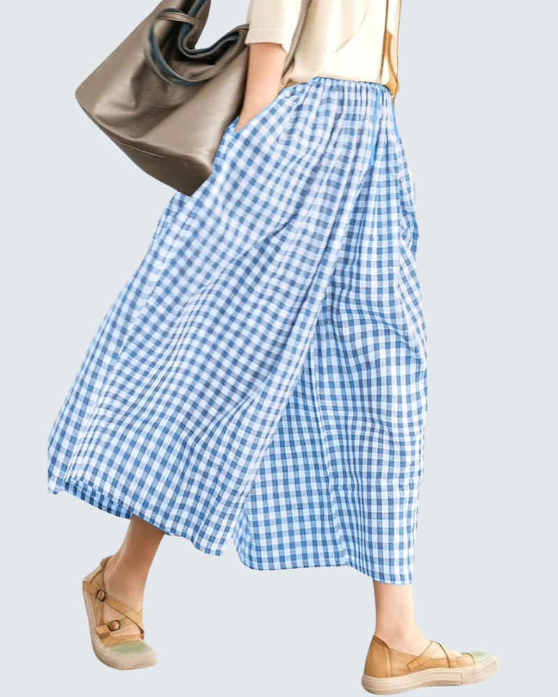 Emma Pantalon Capri Femme en Coton – Pantalon Léger Taille Élastique à Carreaux