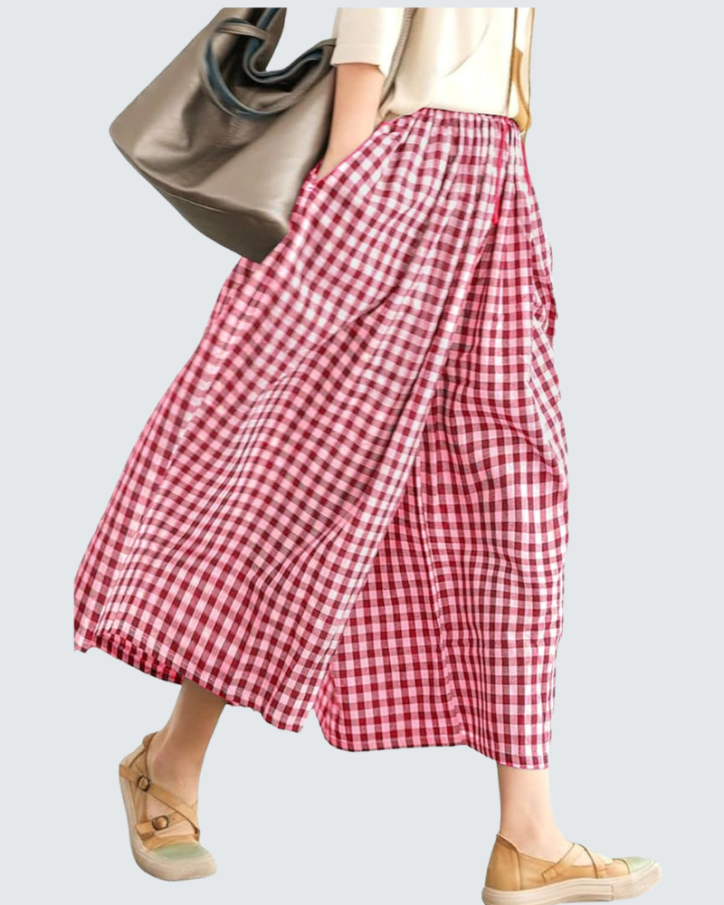 Emma Pantalon Capri Femme en Coton – Pantalon Léger Taille Élastique à Carreaux