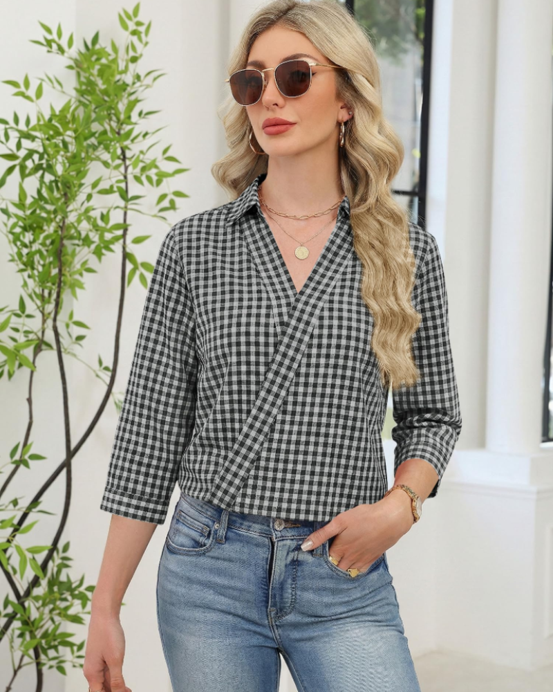 Erma blúzka pre ženy – Výstrih do V s golierom, 3/4 rukávy, elegantný business casual štýl