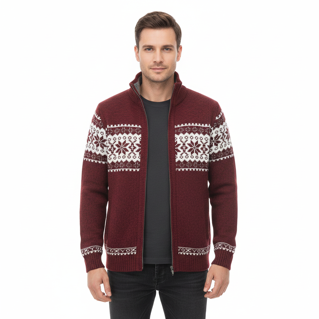 Moris Gilet Fleece Homme – Veste Jacquard Hiver à Col Haut & Motifs Scandinaves