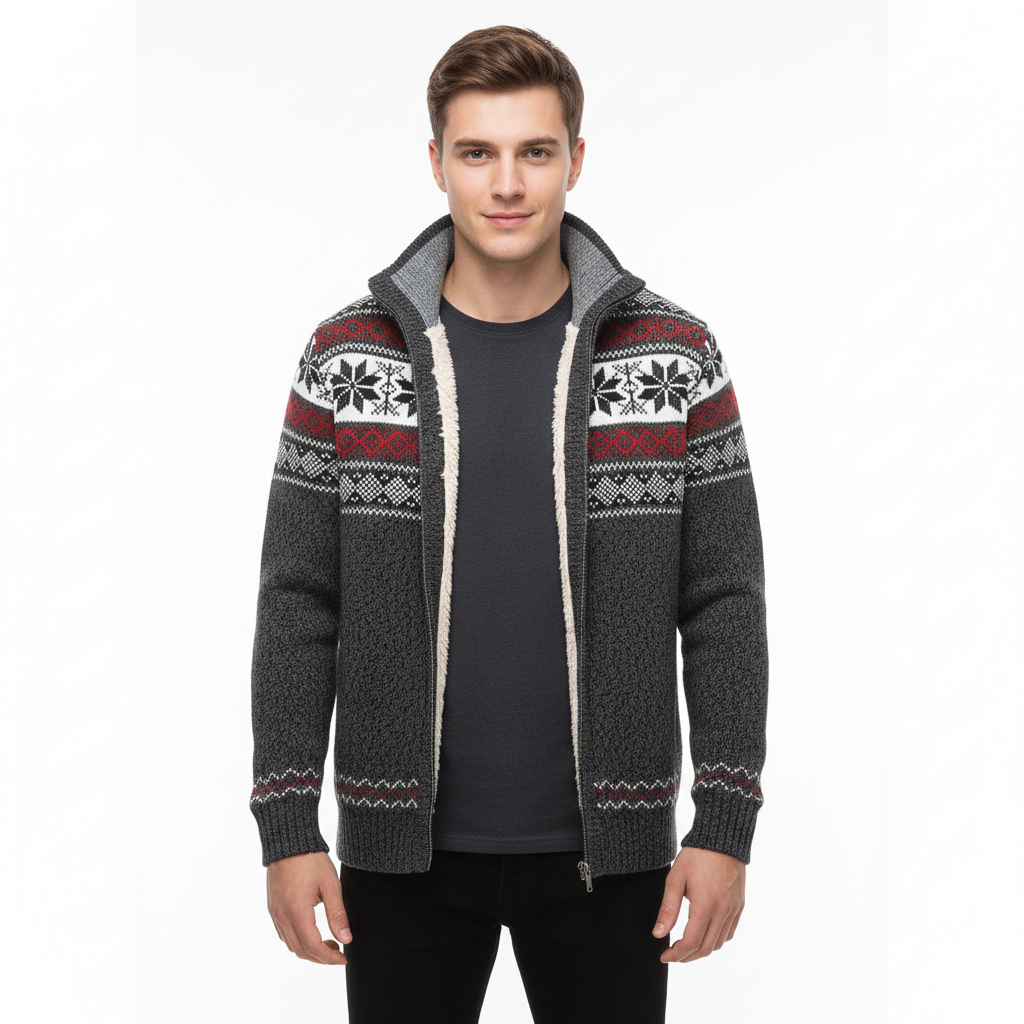 Moris Gilet Fleece Homme – Veste Jacquard Hiver à Col Haut & Motifs Scandinaves