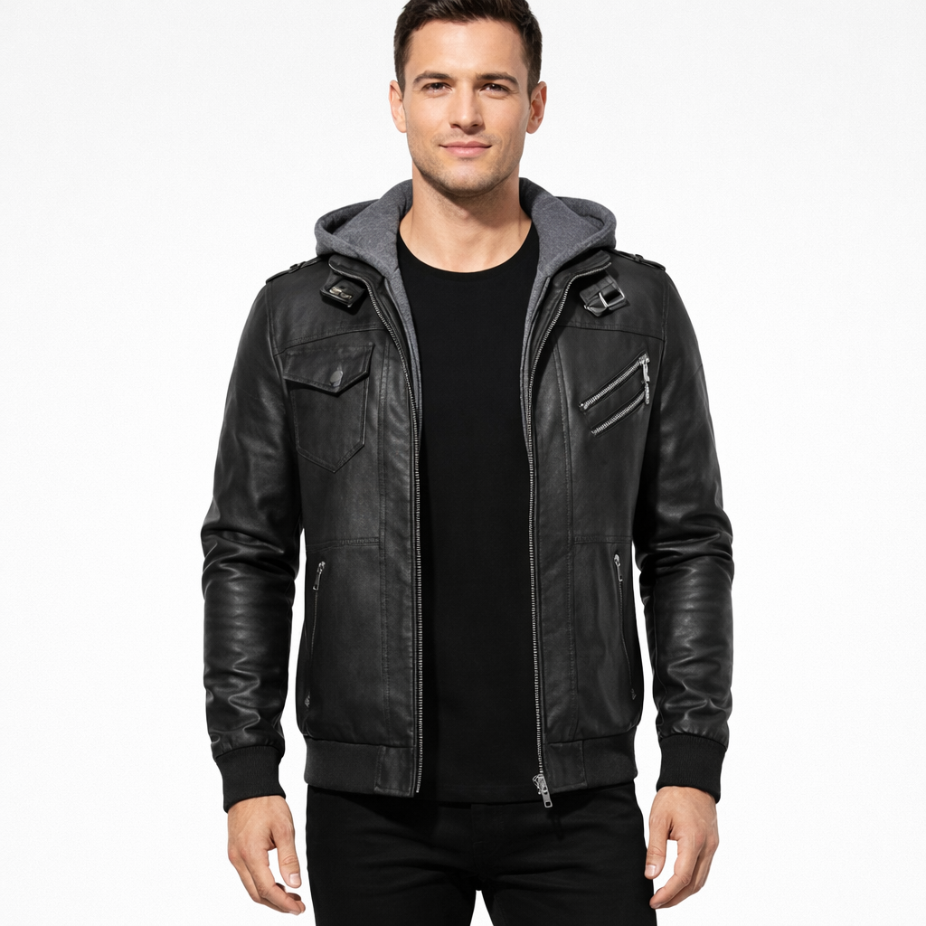 Filipo Herren Lederjacke mit Kapuze – Moderner Blouson mit normaler Passform im urbanen Stil