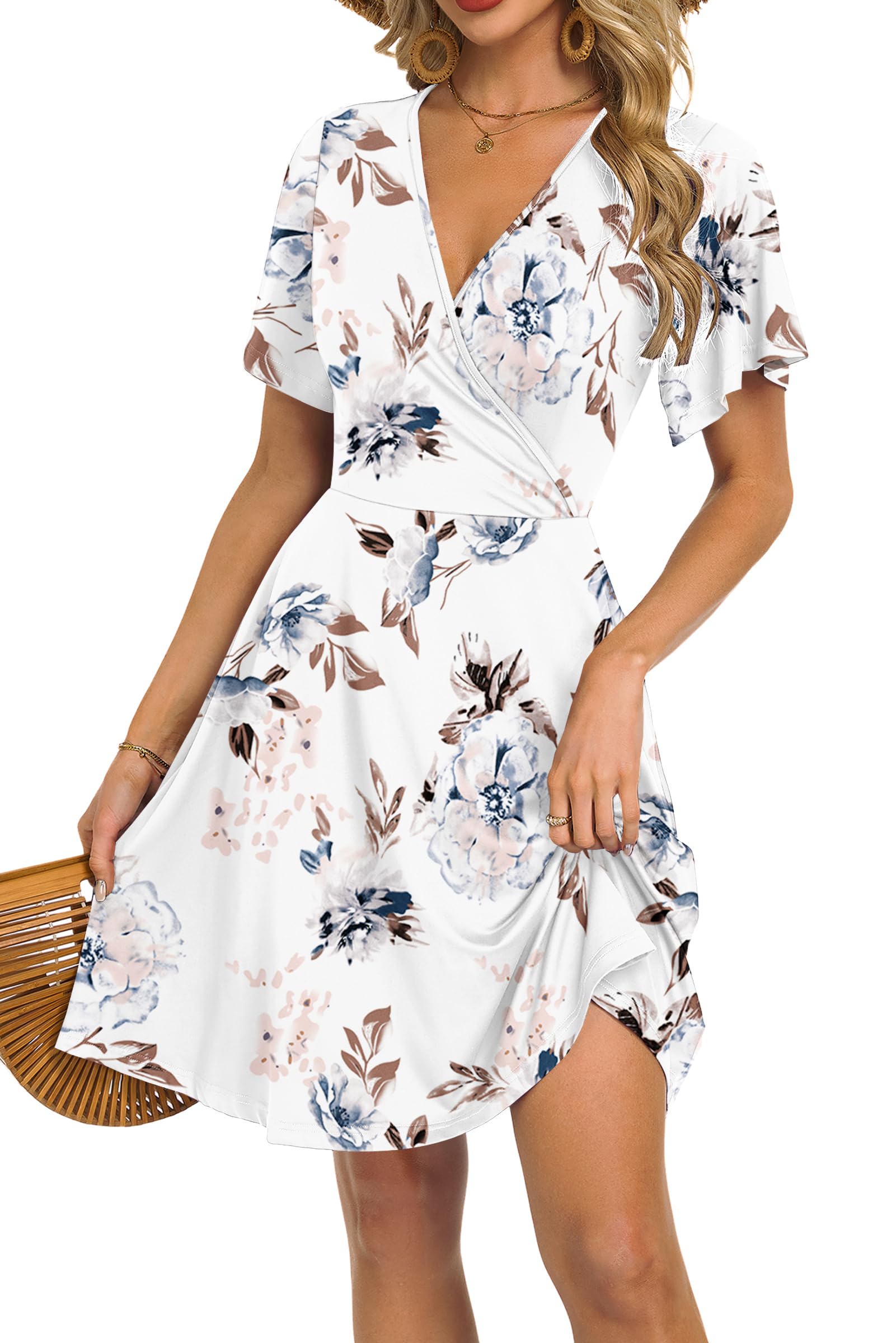 Mariselle Women's Dress – Floral V-Neck Wrap, Empire Waist & Pockets, A-Line Summer Cut