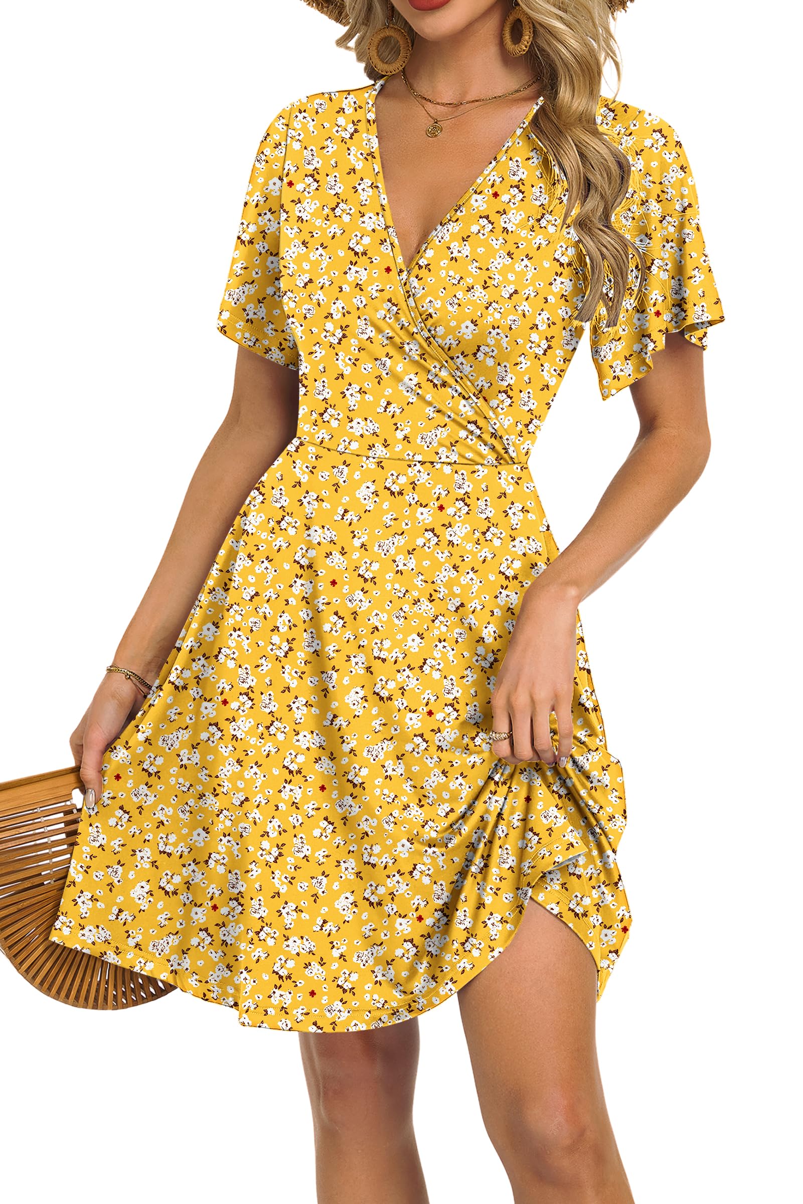 Mariselle Women's Dress – Floral V-Neck Wrap, Empire Waist & Pockets, A-Line Summer Cut