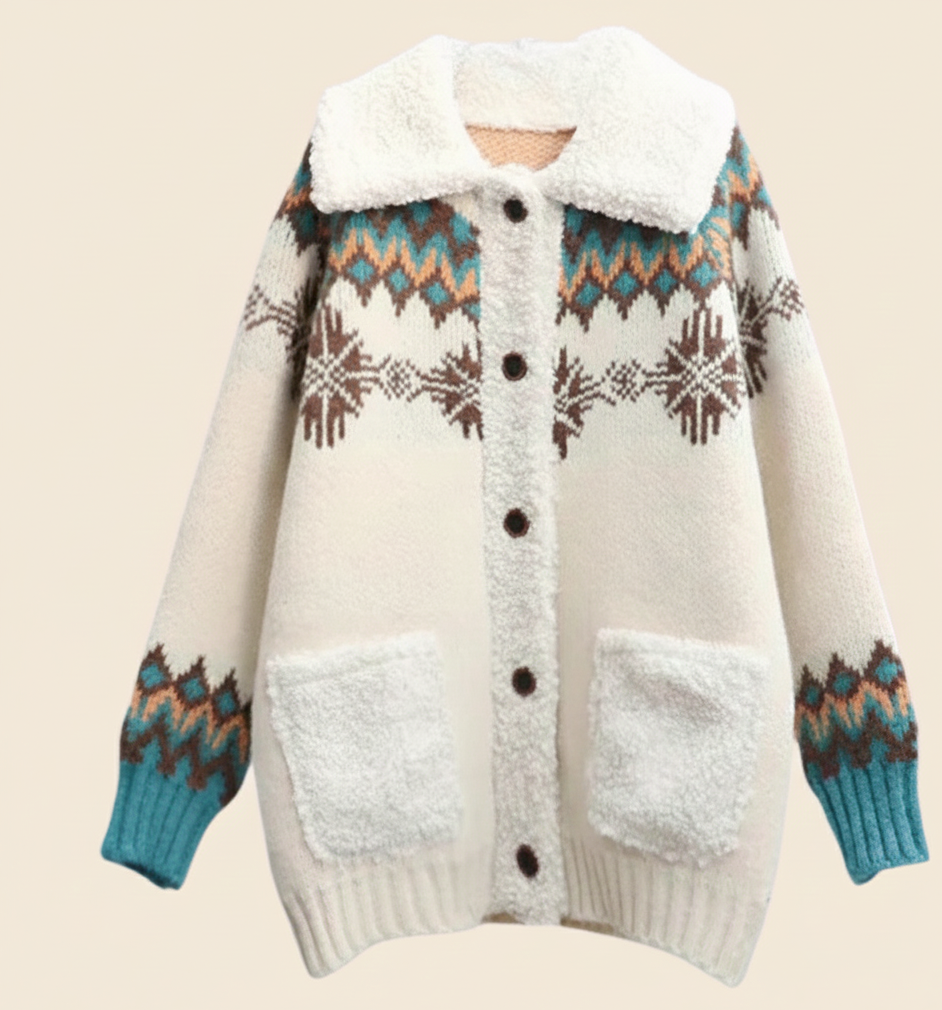 Ingrid Gilet Invernale Donna – Cardigan Morbido con Motivo Norvegese, Collo in Pile e Bottoni