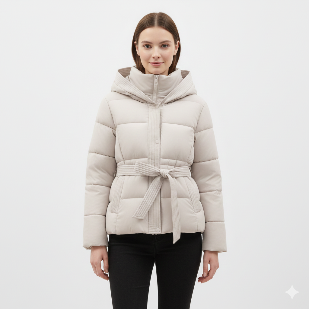 Leyna Doudoune Femme – Manteau Ceinturé avec Capuche Chaude & Coupe Élégante