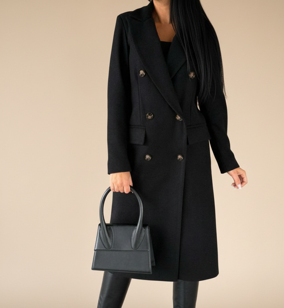 Ludy Manteau Long en Laine Femme – Manteau Élégant Double Boutonnage Coupe Droite