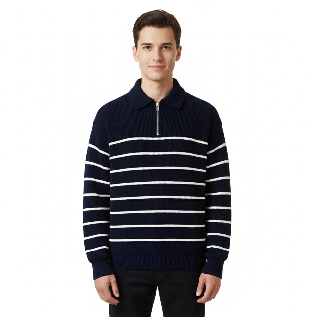 Marc ανδρικό ριγέ πουλόβερ με μισό φερμουάρ – navy casual chic πλέξη για όλες τις εποχές