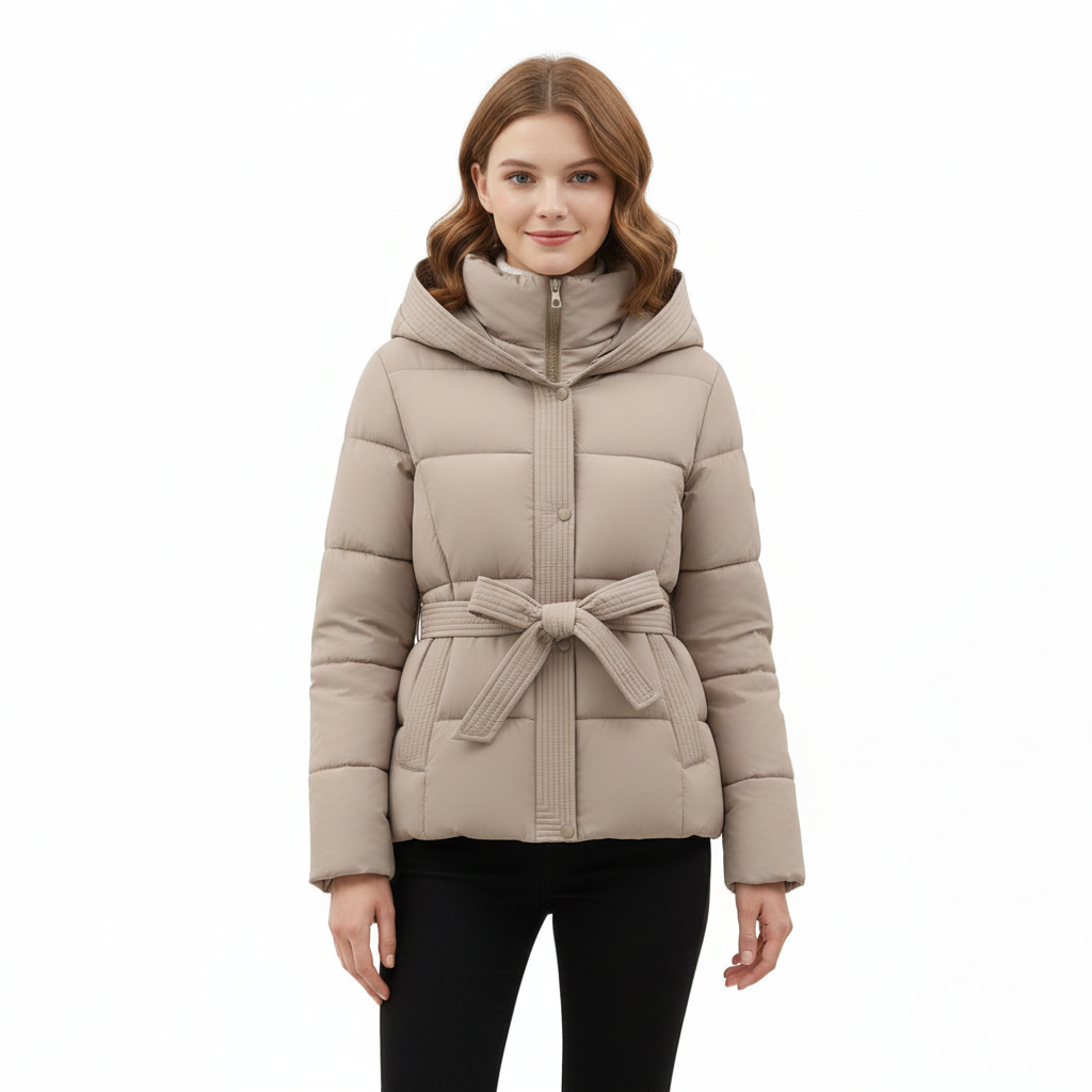 Leyna Doudoune Femme – Manteau Ceinturé avec Capuche Chaude & Coupe Élégante