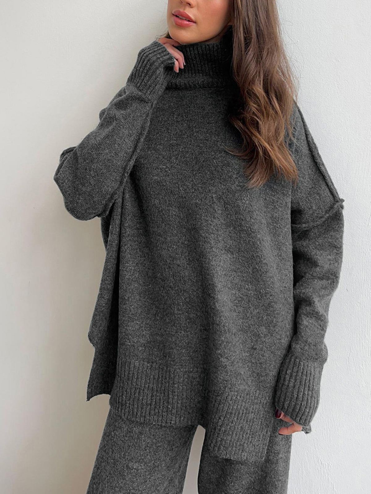 Amy súprava domáceho oblečenia pre ženy z pleteniny – jemný outfit s rolákom a voľnými nohavicami