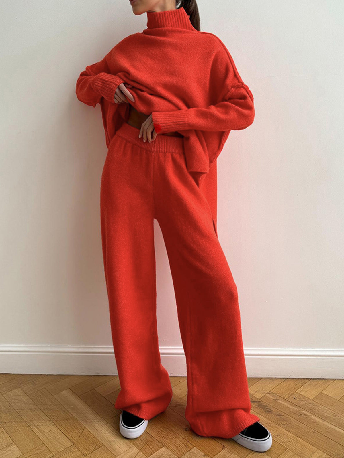 Amy súprava domáceho oblečenia pre ženy z pleteniny – jemný outfit s rolákom a voľnými nohavicami