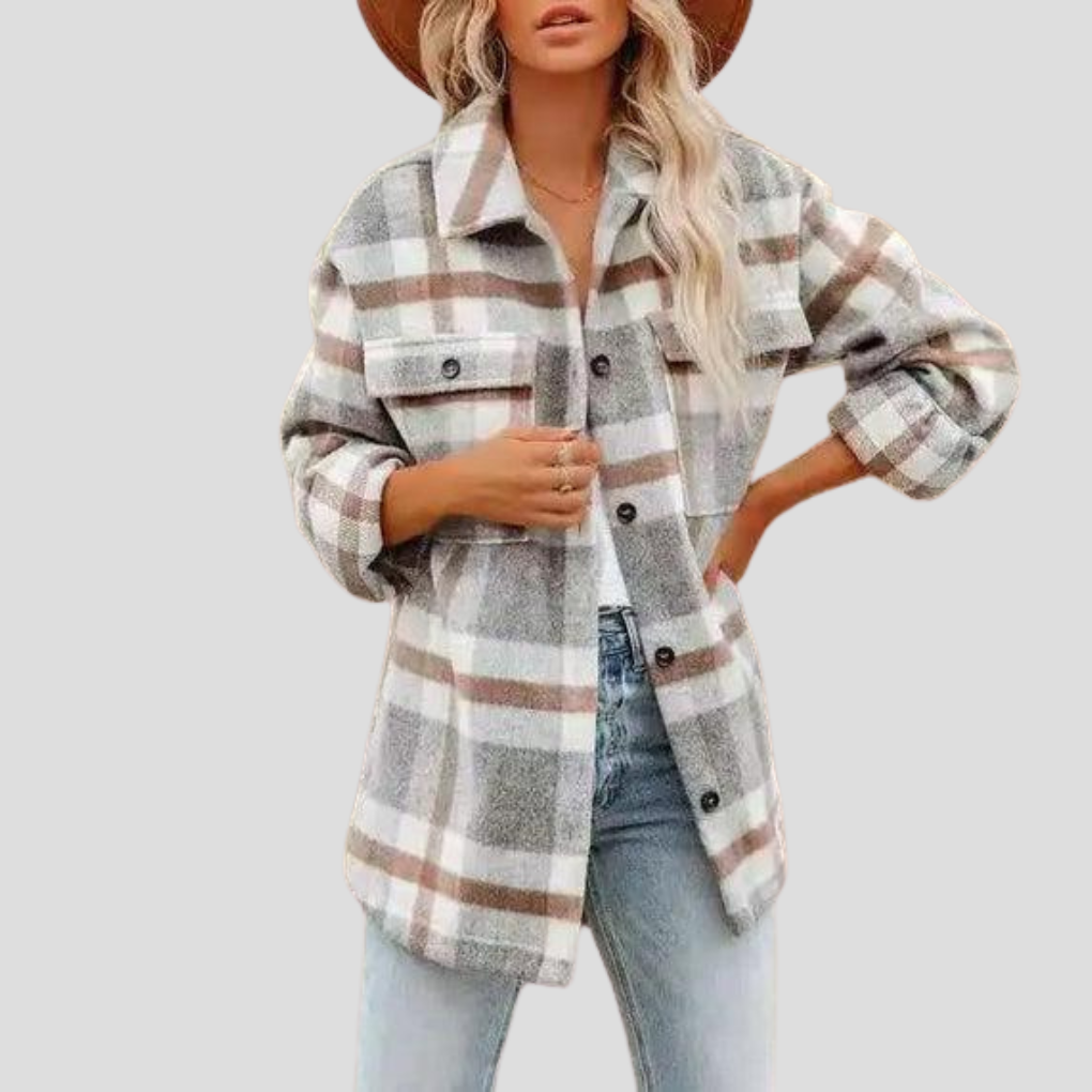 Casaco Shacket Élise Emora Nova – Modelo Oversize às Quadrados com Cinto Ajustável