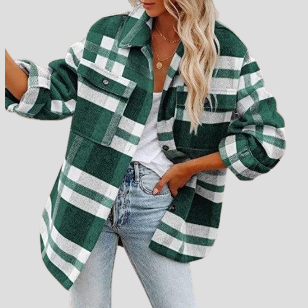 Casaco Shacket Élise Emora Nova – Modelo Oversize às Quadrados com Cinto Ajustável