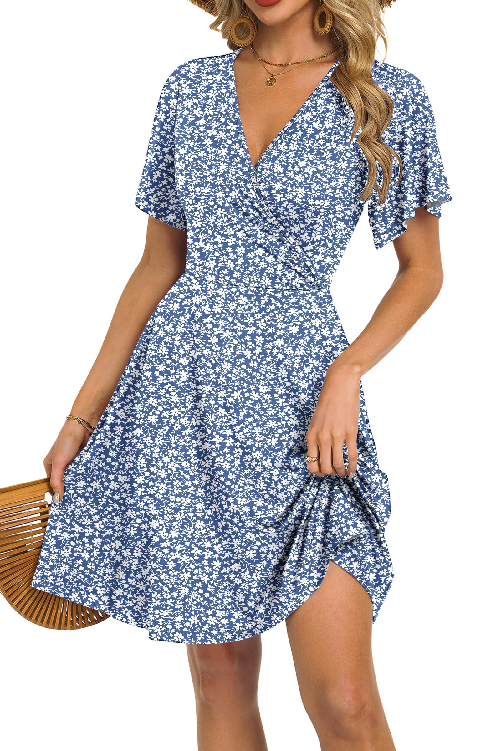 Mariselle Women's Dress – Floral V-Neck Wrap, Empire Waist & Pockets, A-Line Summer Cut