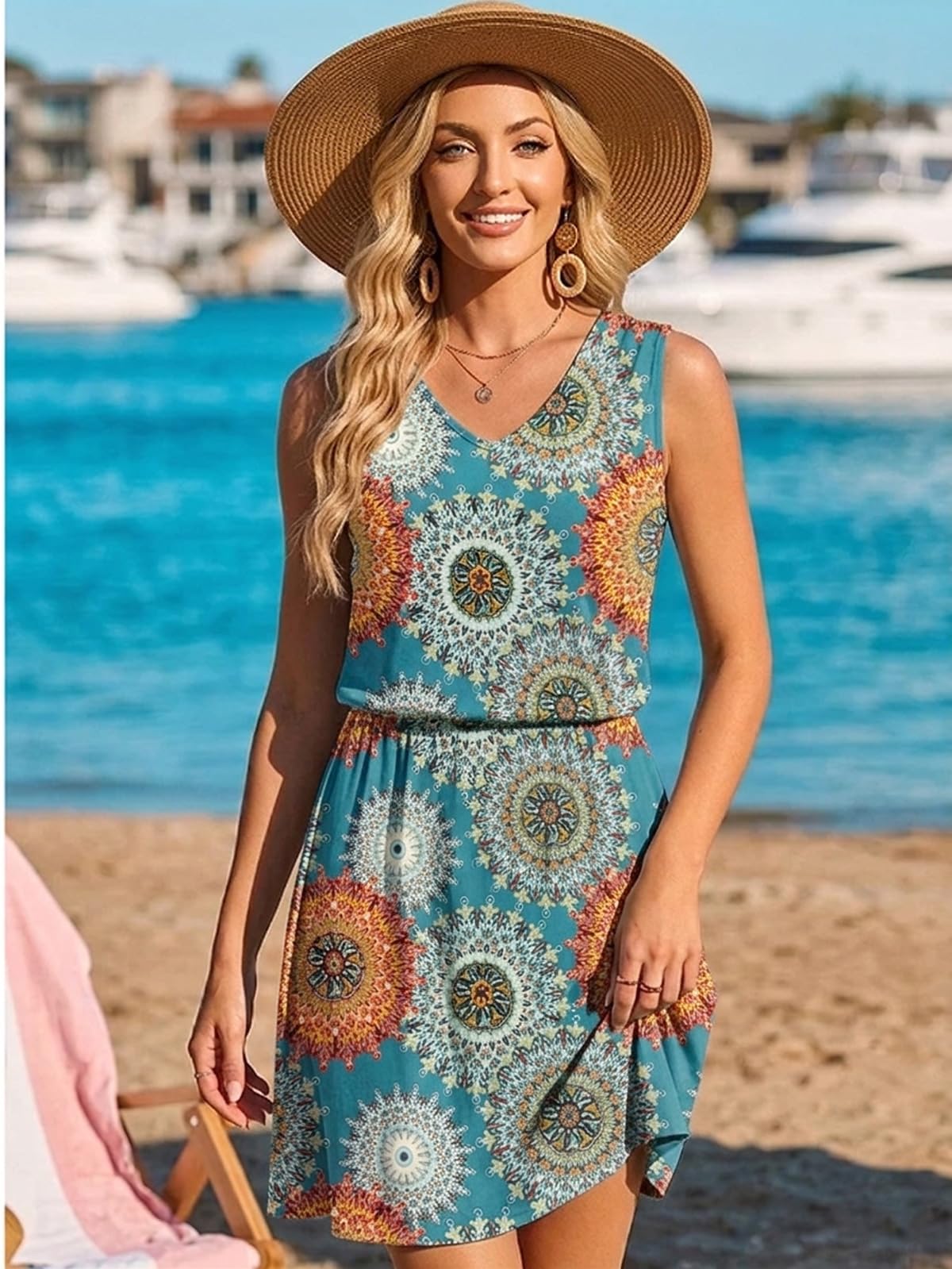 Yolanda Robe Femme – Col V Sans Manches, Coupe A-Line & Imprimé Floral Longueur Genou Été