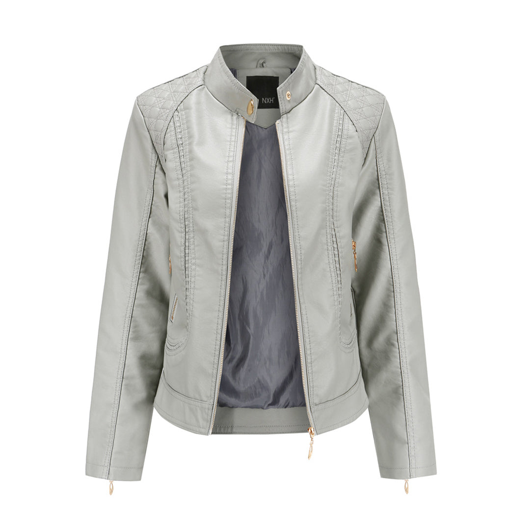 Janiyah Casaco de Pele Mulher – Gola Alta Chic, Fechos de Correr e Estilo Moderno Elegante