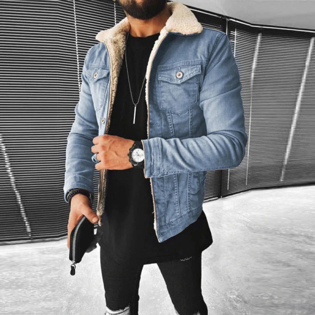 Eulo Casaco de Ganga Homem – Casaco Denim Forrado a Polar com Gola Clássica de Lapela