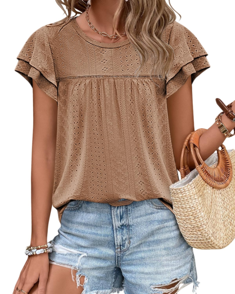 Top Isara pentru femei – Bluza cu broderie și volane, croială babydoll fluidă și stil șic de vară