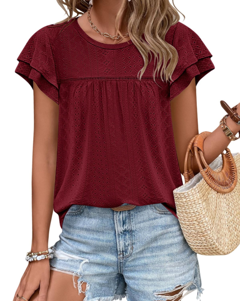 Top Isara pentru femei – Bluza cu broderie și volane, croială babydoll fluidă și stil șic de vară