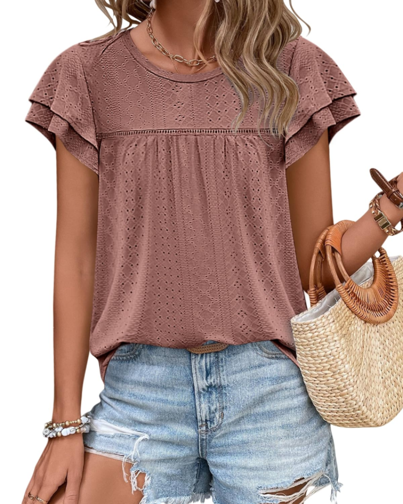 Top Isara pentru femei – Bluza cu broderie și volane, croială babydoll fluidă și stil șic de vară