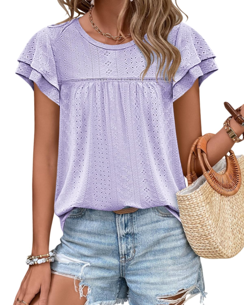 Top Isara pentru femei – Bluza cu broderie și volane, croială babydoll fluidă și stil șic de vară