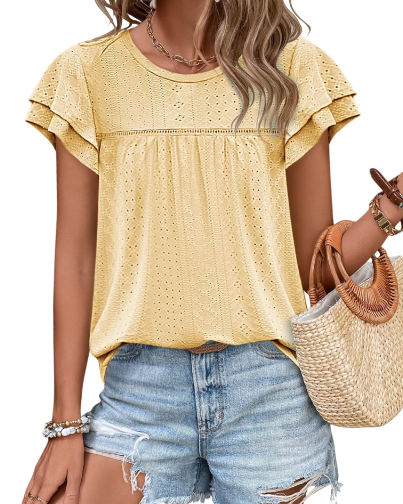 Top Isara pentru femei – Bluza cu broderie și volane, croială babydoll fluidă și stil șic de vară