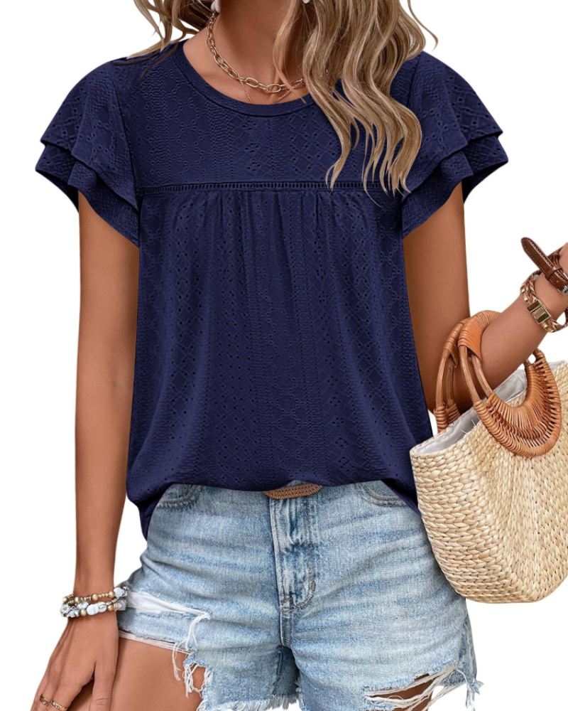 Top Isara pentru femei – Bluza cu broderie și volane, croială babydoll fluidă și stil șic de vară