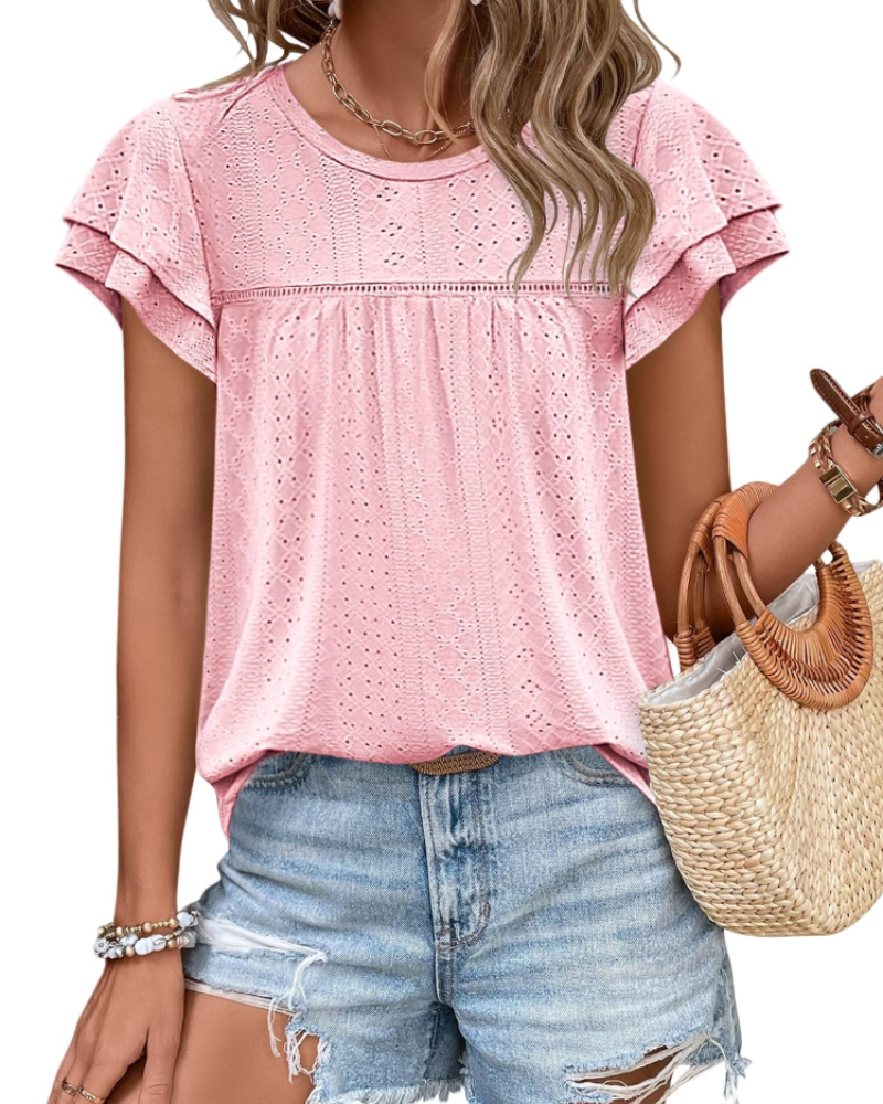 Top Isara pentru femei – Bluza cu broderie și volane, croială babydoll fluidă și stil șic de vară