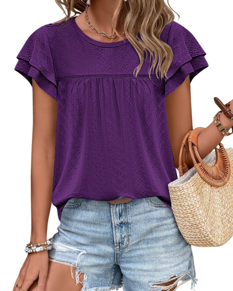 Top Isara pentru femei – Bluza cu broderie și volane, croială babydoll fluidă și stil șic de vară