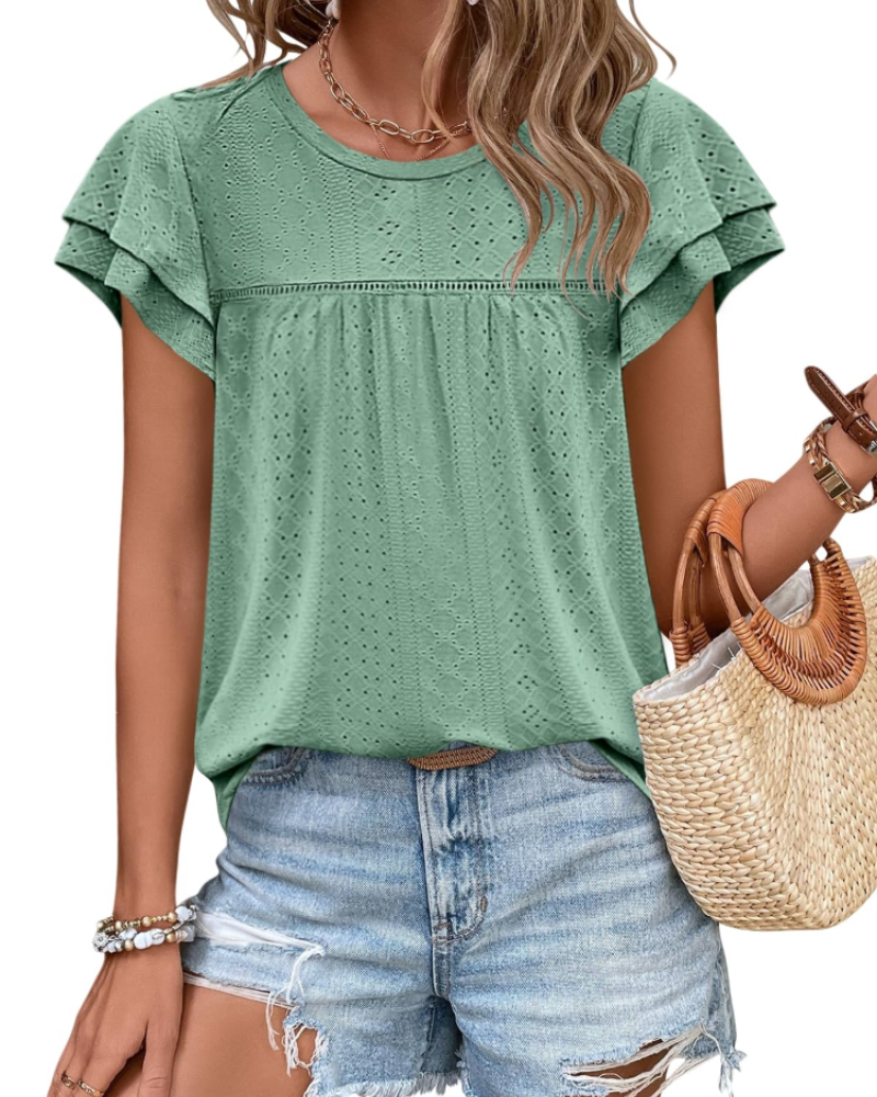 Top Isara pentru femei – Bluza cu broderie și volane, croială babydoll fluidă și stil șic de vară