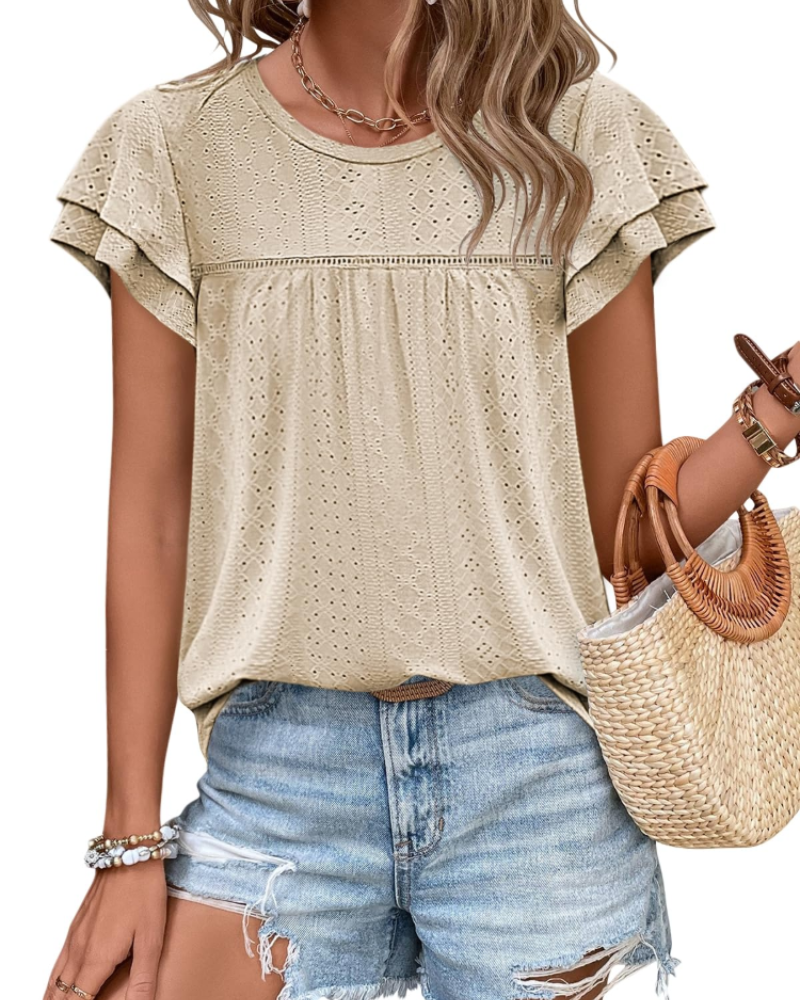 Top Isara pentru femei – Bluza cu broderie și volane, croială babydoll fluidă și stil șic de vară