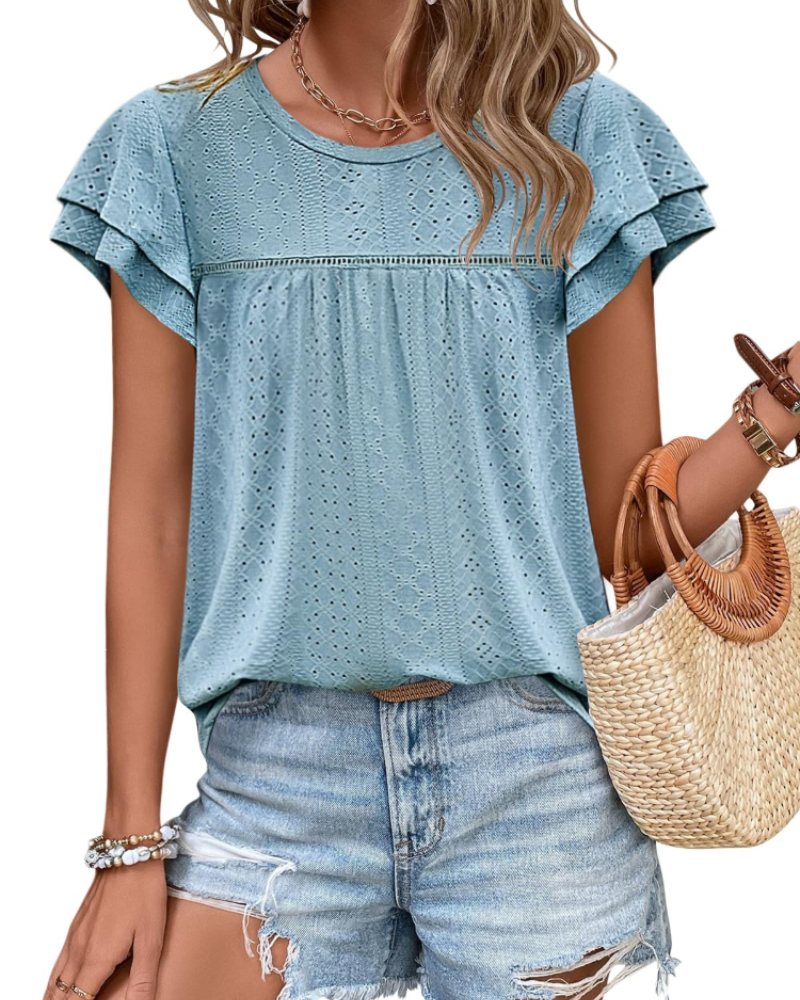 Top Isara pentru femei – Bluza cu broderie și volane, croială babydoll fluidă și stil șic de vară