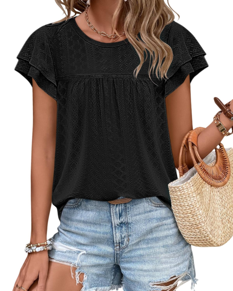 Top Isara pentru femei – Bluza cu broderie și volane, croială babydoll fluidă și stil șic de vară