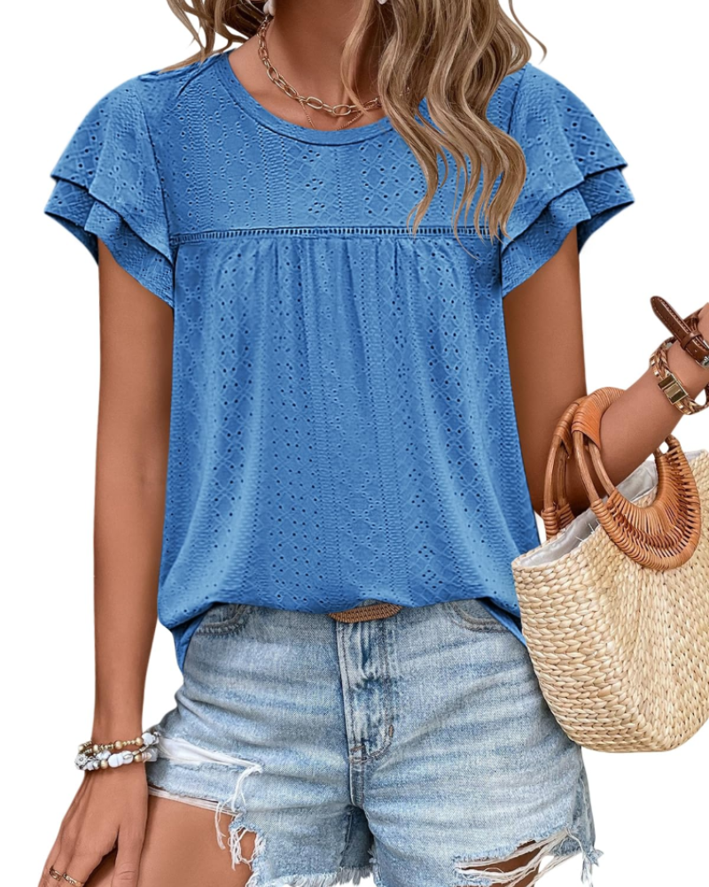 Top Isara pentru femei – Bluza cu broderie și volane, croială babydoll fluidă și stil șic de vară