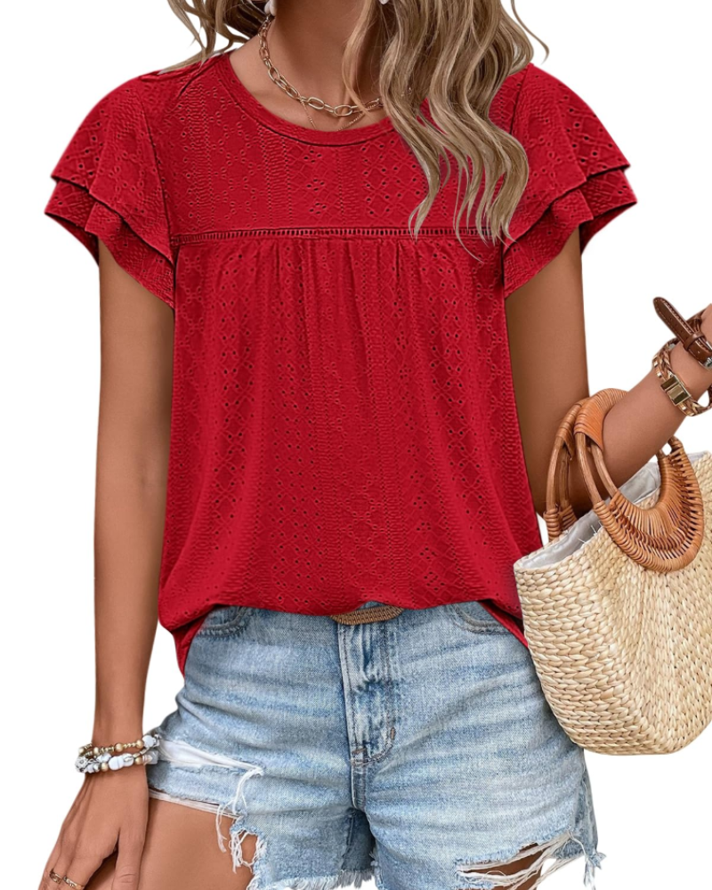 Top Isara pentru femei – Bluza cu broderie și volane, croială babydoll fluidă și stil șic de vară