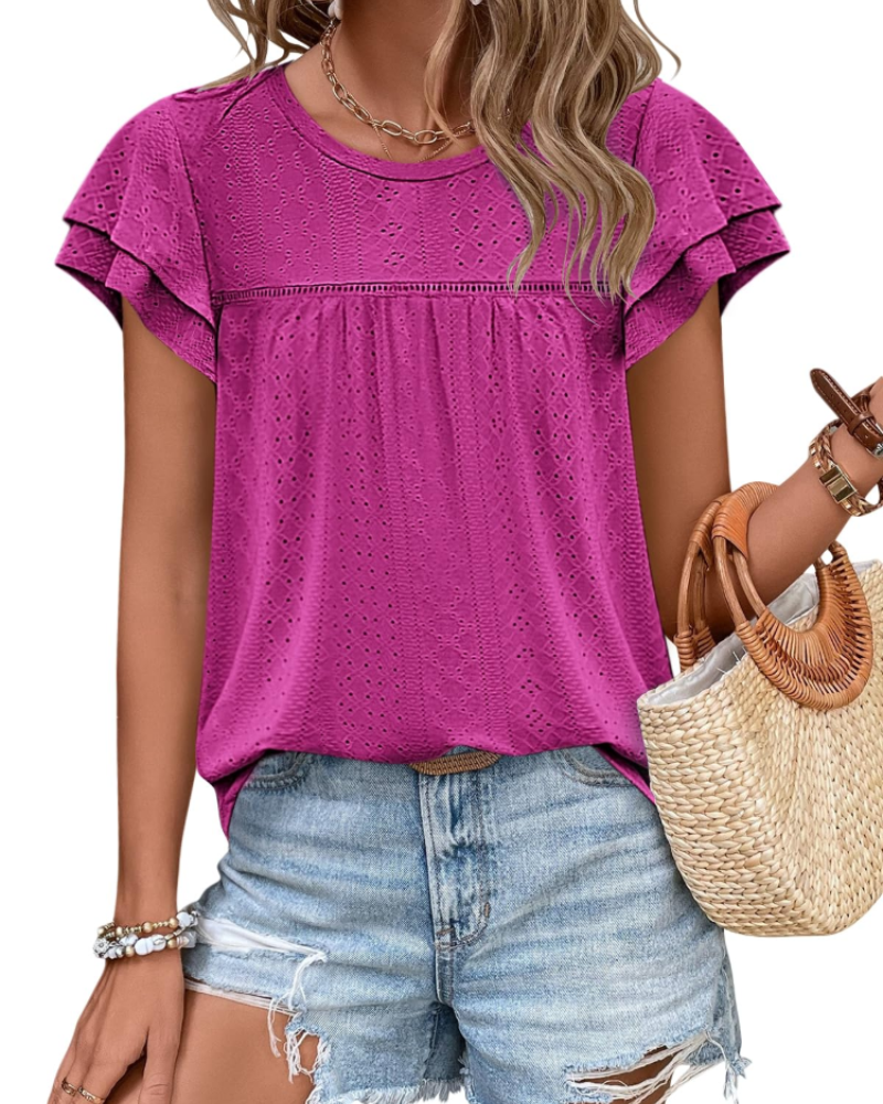Top Isara pentru femei – Bluza cu broderie și volane, croială babydoll fluidă și stil șic de vară