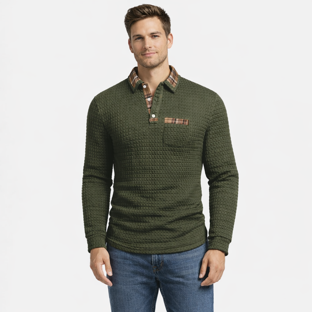 Men's Dumont Lyon Polo Shirt – Elegant Checkered Pattern, Long Sleeves & Refined Style