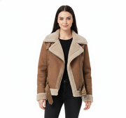 Beverly Biker-Mantel Damen – Warme Wildleder-Shearling-Jacke mit modernem Stil & Reißverschluss-Details