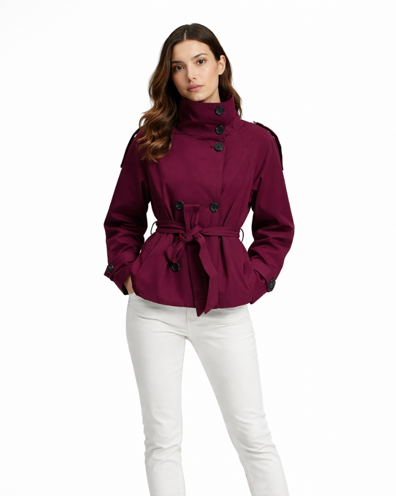 Gabardina Esmeralda Mujer Corta – Doble Botonadura, Cinturón de Cintura, Chaqueta Elegante de Otoño