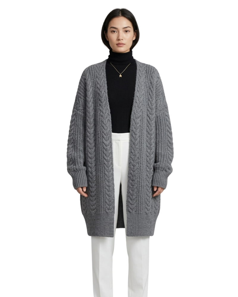 Mélanie Cardigan Long Femme Maille – Gilet Long Épais Chaud Style Élégant Hiver