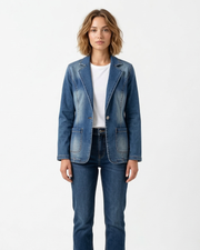 Blazer Aurélie Mulher Denim – Casaco de Ganga Elegante Corte Moderno Gola de Lapela Chic