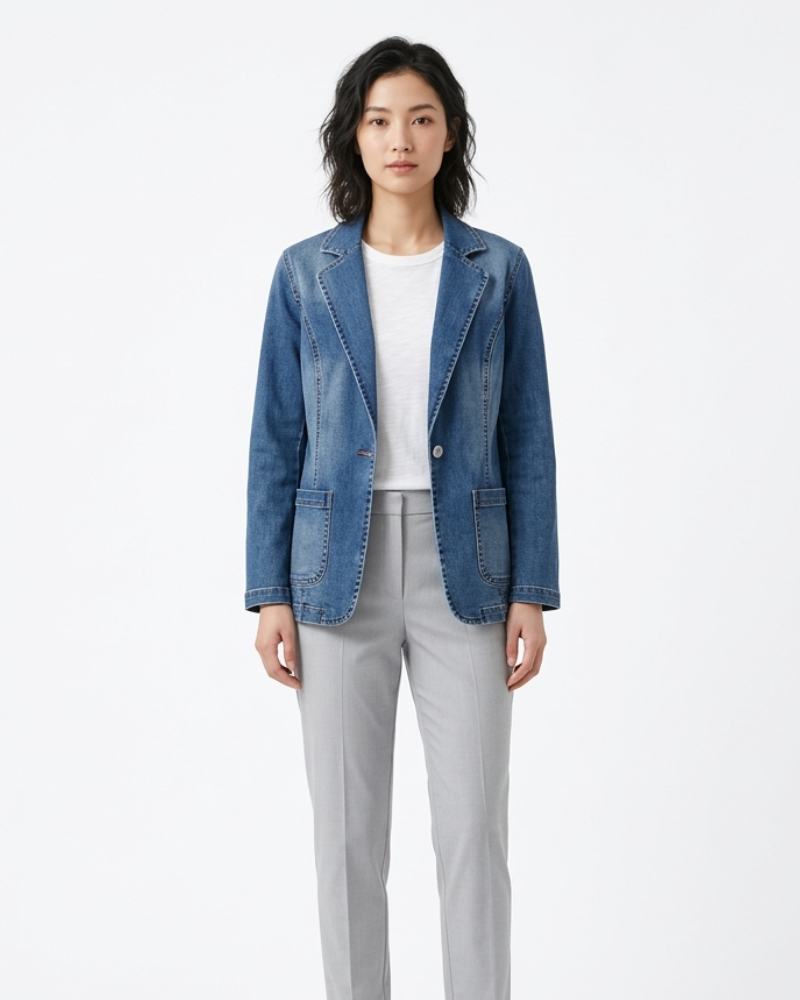 Blazer Aurélie Mulher Denim – Casaco de Ganga Elegante Corte Moderno Gola de Lapela Chic