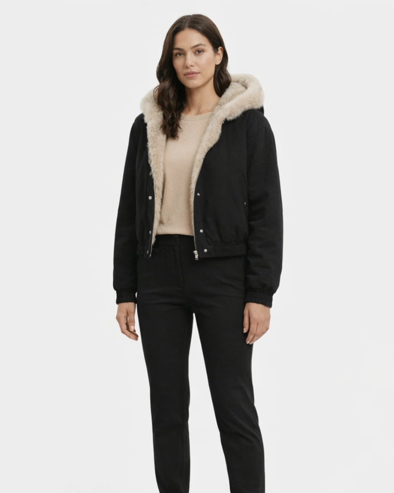 Mabel Damen Wintermantel – Warmer Mantel mit Kapuze und Pelzkragen im Vintage-Stil